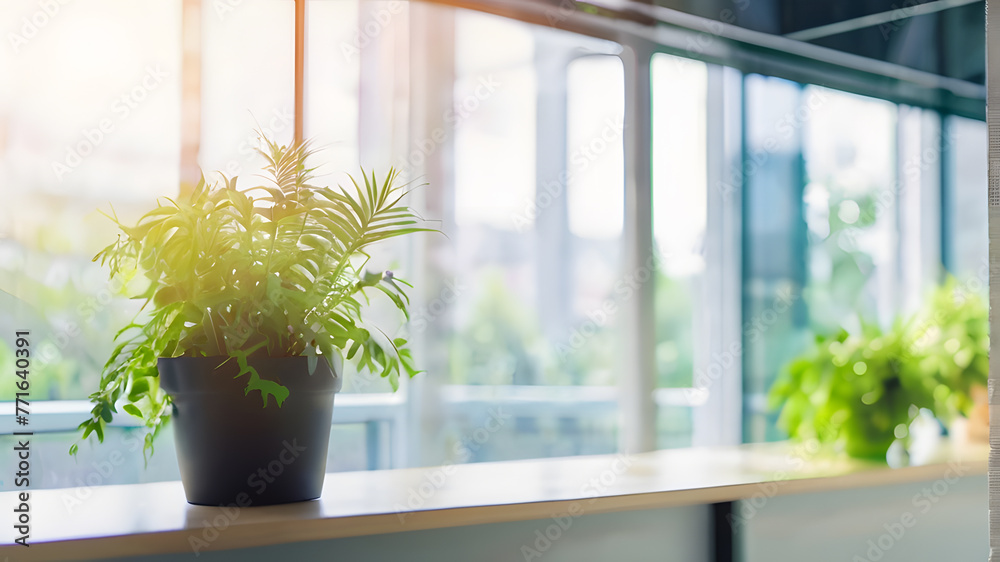 Fototapeta premium Blurred Modern Office Interior with Energy-Saving and Green Concept: Perfect for Earth Day