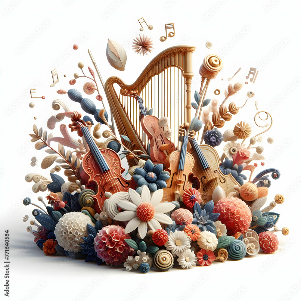 3d flat icon as Floral Harmony as A symphony of flowers and musical ...