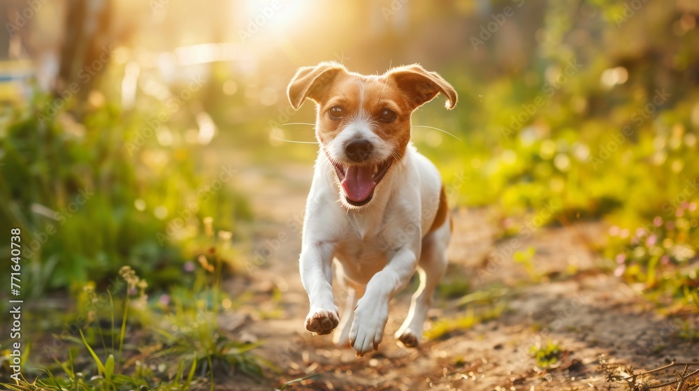 Jack Russell Terrier runs joyfully in a lush green meadow.