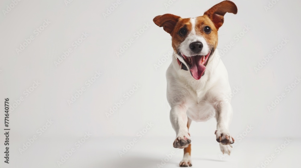 Joyful dog jumping mid-air with an excited expression on a white backdrop, capturing pure canine bliss