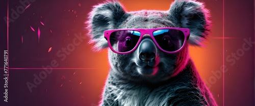 Vibrant neon background, a koala wears stylish pink sunglasses. Generative AI