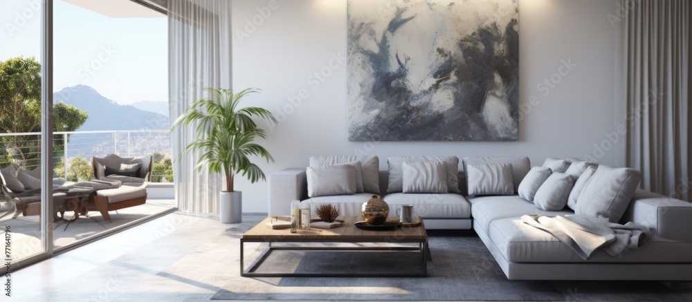 A cozy living room in a house with a comfortable couch, wooden coffee table, and a beautiful painting on the wall. A plant in a flowerpot adds a touch of nature to the room