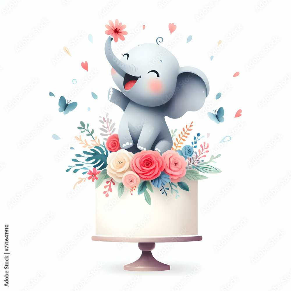 flat icon as Joyful Elephant Cake Topper in watercolor hand drawing floral theme with isolated white background ,Full depth of field, high quality ,include copy space, No noise, creative idea