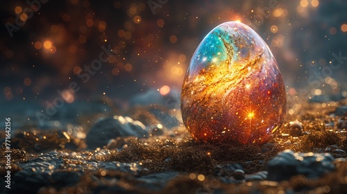 A 3D-rendered Easter egg painted with a galaxy theme