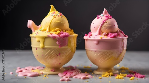 Two cups of ice cream one with a pink and yellow splashed on top, and another with a pink and yellow sprinkled on the side.. two, cups, ice, cream, one, pink, yellow, splashed, top, another, pink, yel photo