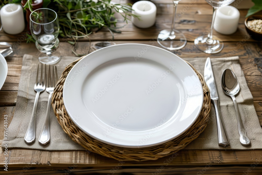 A white plate and silverware arranged neatly on a table setting