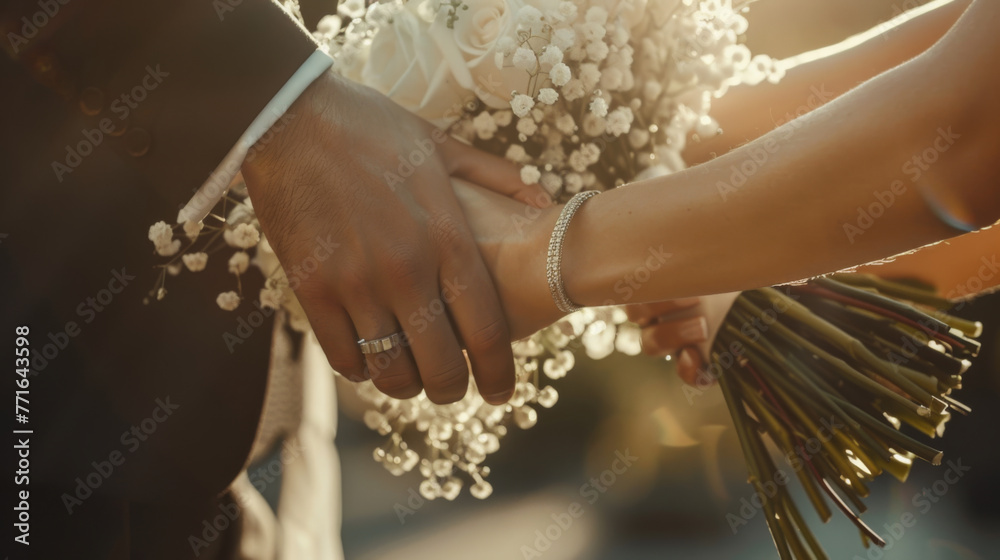 A bride and groom hold hands, adorned with a wedding ring and bracelet, amid a soft-focus backdrop of baby's breath flowers. - obrazy, fototapety, plakaty 