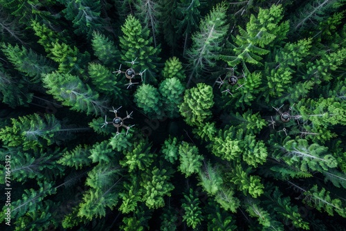 Lush green forest canopy from above, showing densely packed trees as drones conduct health assessments on the foliage