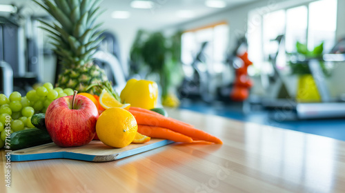 fresh fruit and vegetable healthy food on kitchen island with fitness running machine in modern fitness in background with heathy sport exercise concept