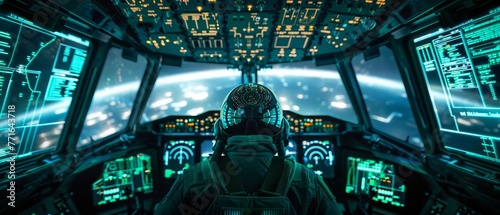 Pilot navigating a stealth fighter jet through a storm of digital warfare cockpit aglow with targeting systems photo