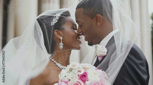 A bride and groom are affectionately touching foreheads, smiling on their wedding day.