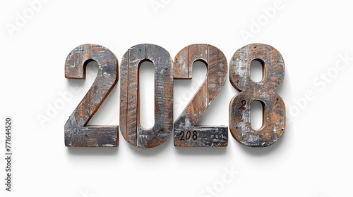 Rustic 3d wooden numbers "2028" cut out on white background
