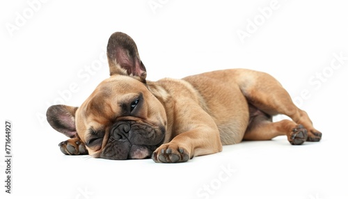 French bulldog puppy calmly sleeping on white background, Pet concept