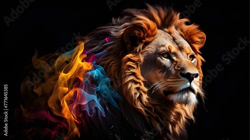 Lion  a lion s head in a flame of many colors. Abstract multicolored profile photo with a black backdrop featuring a lion s head.