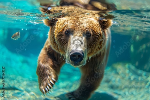 Brown bear (Ursus arctos) swimming and hunting for fish in clear blue water, wildlife animal in natural habitat, realistic nature photo
