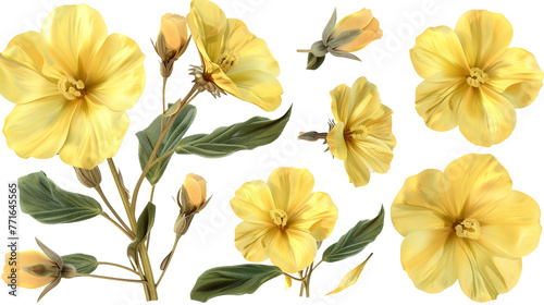 Evening primrose botanical illustration in 3D digital art  isolated on transparent background. Vibrant bloom  perfect for nature-themed designs  top view elegance.