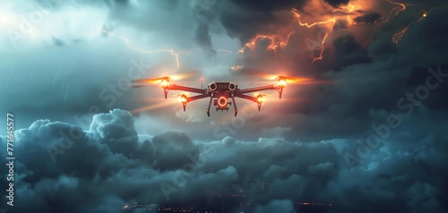 Natural Disasters Engineers deploying a geo engineering drone to combat a superstorm the drones engines glowing against dark clouds photo