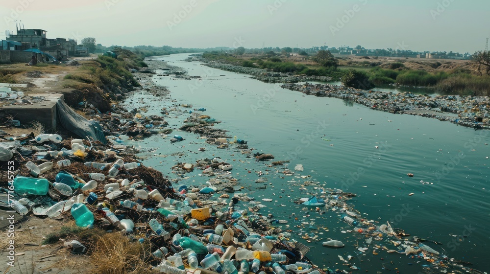 river coast marred by an overwhelming amount of plastic garbage, awareness about environmental issues