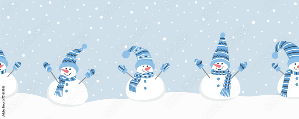 Happy snowmen have fun in winter holidays. Seamless border. Christmas background. Different snowmen in blue winter hats and scarves. Greeting card template. Vector illustration on light blue