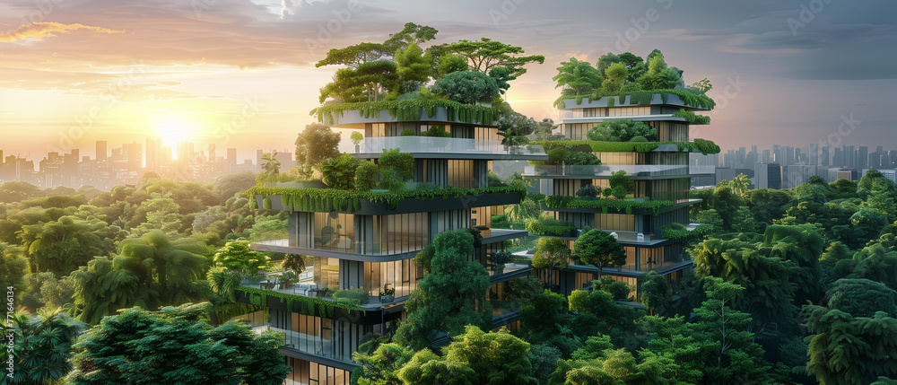 A building with lush green trees and an atmosphere of the sun rising in the morning.