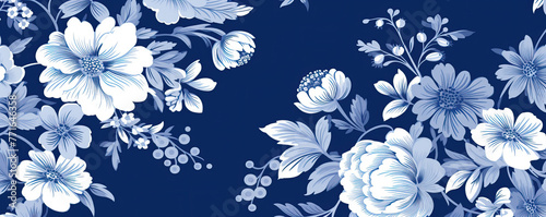 White floral pattern on a blue background, textured fabric, wallpaper