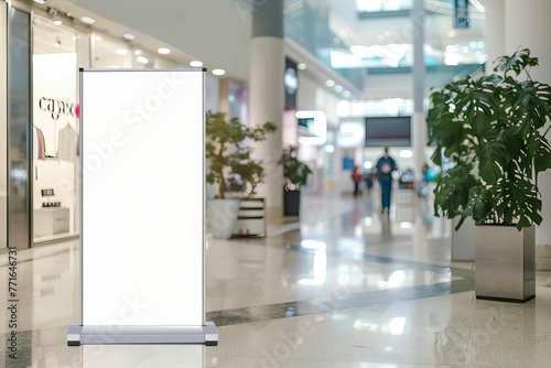 Blank roll-up banner mockup in shopping mall, ready for customized advertising design photo