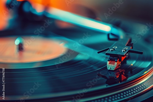 Close-up of a retro vinyl record player on a turntable, evoking nostalgia and vintage charm