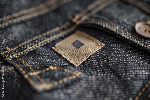 A detailed view of a button on a pair of jeans with brand initials dmS, showcasing branding elements and identity