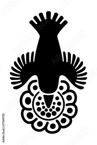 Hummingbird over a flower, motif and symbol of Aztec god Huitzilopochtli, whose name means Huitzilin or Hummingbird of the South. Decorative Aztec clay stamp motif found in pre-Columbian Mexico City.