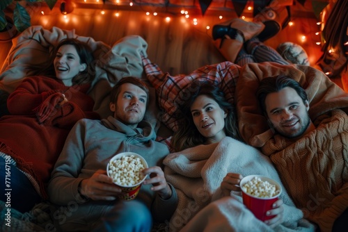 A high-angle shot of a group of friends lounging on a couch, engrossed in a scary movie marathon on Halloween night, with a bowl of popcorn nearby