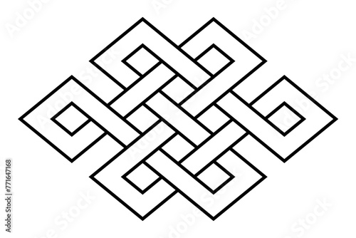 Endless knot, also known as eternal knot. Common form of an intertwining knot and one of eight Auspicious Symbols in Hinduism, Jainism and Buddhism. Also found in Celtic, Kazakh and Chinese symbolism.