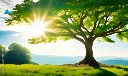Earth Day Eco-Friendly Concept  Sunlit Background with Majestic Tree Embracing Hand  Symbolizing Sustainable Ecology and Environmental Harmony