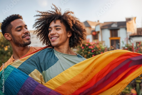 Coppia Maschile Birazziale con la Bandiera dell'Arcobaleno, Simbolo della Comunità LGBTQ photo