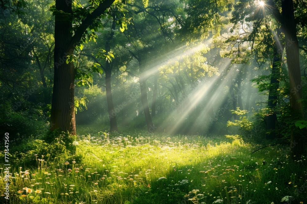 Sunlight filters through trees in a forest, creating a serene atmosphere