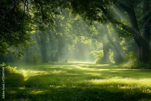 Sunlight filters through the trees  creating a serene atmosphere in a forest glade