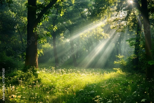Sunlight filters through trees in a forest  creating a serene atmosphere
