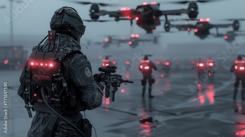 Mercenary leading a drone squadron in a corporate warfare scenario equipped with cybernetic enhancements