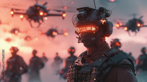 Mercenary leading a drone squadron in a corporate warfare scenario equipped with cybernetic enhancements photo