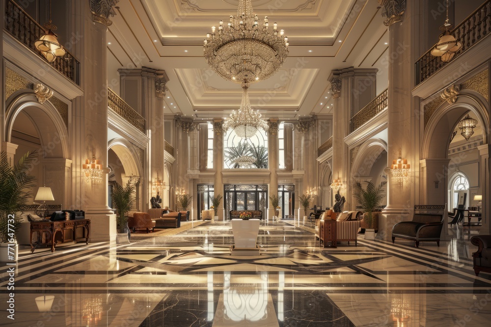 A grand lobby in a luxury hotel, featuring marble floors, plush furnishings, and exquisite chandeliers hanging from the ceiling