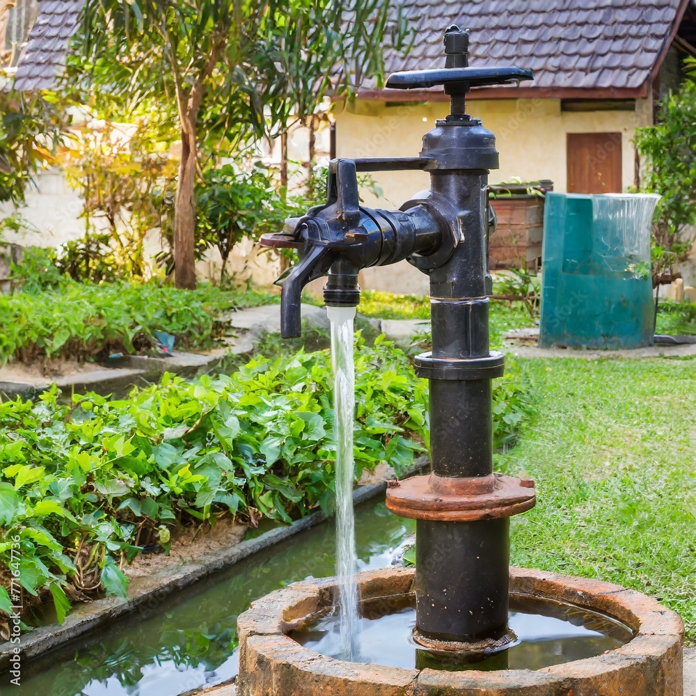 Nature's Oasis: Serene Hand Pump Amidst Verdant Greenery Nature's Oasis: Serene Hand Pump Amidst Verdant Greenery