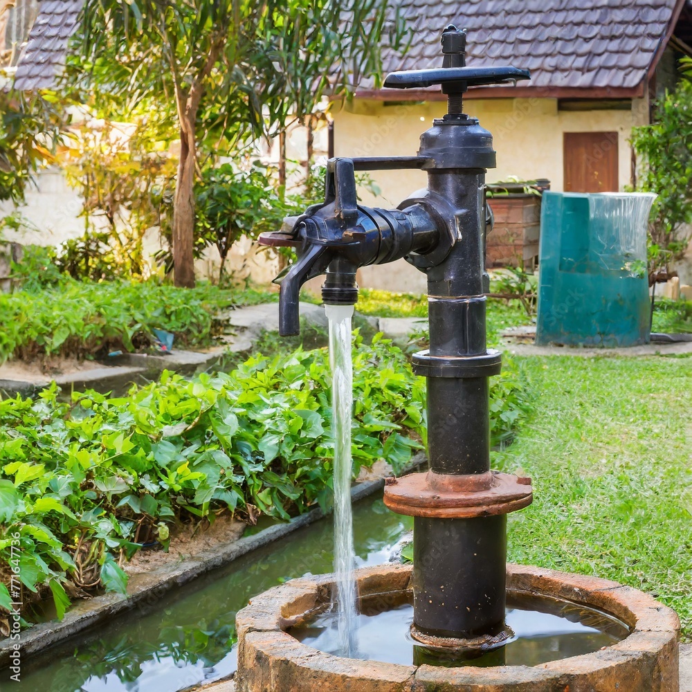 Nature's Oasis: Serene Hand Pump Amidst Verdant Greenery