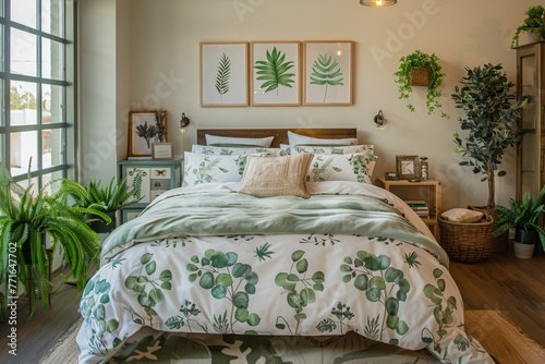 Bedroom featuring eucalyptus-themed decor with a bed  plants  and botanical prints on the wall