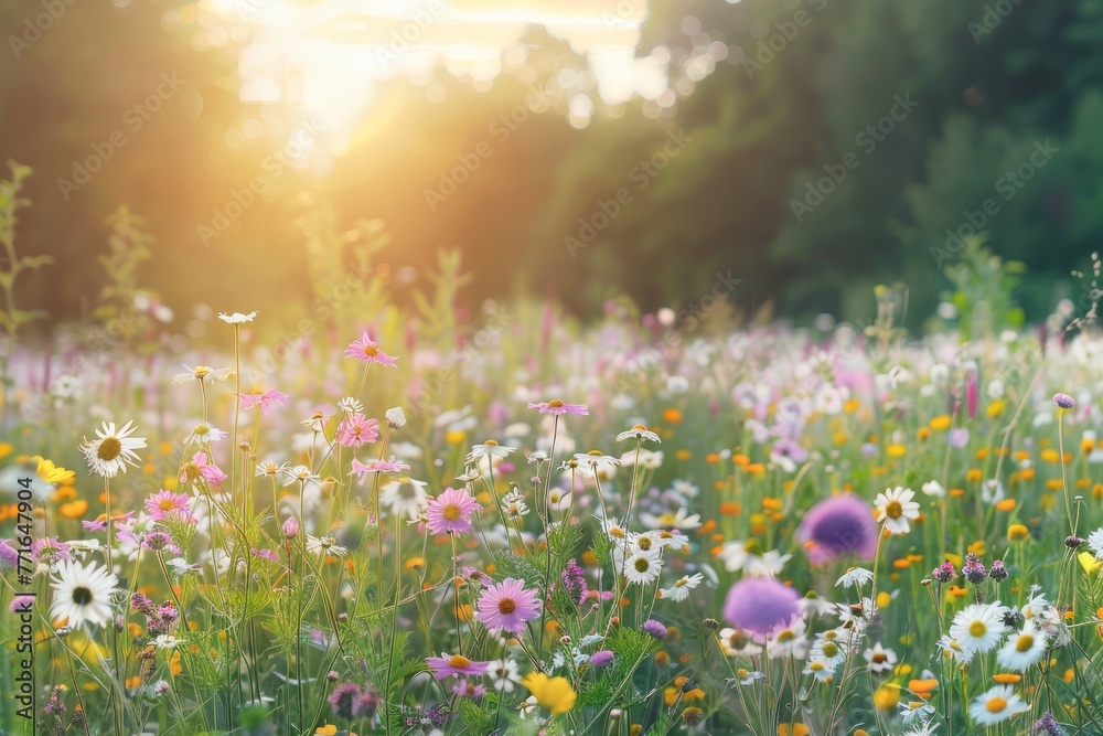 A panoramic shot of a sunlit meadow filled with colorful wildflowers, with the sun shining in the background