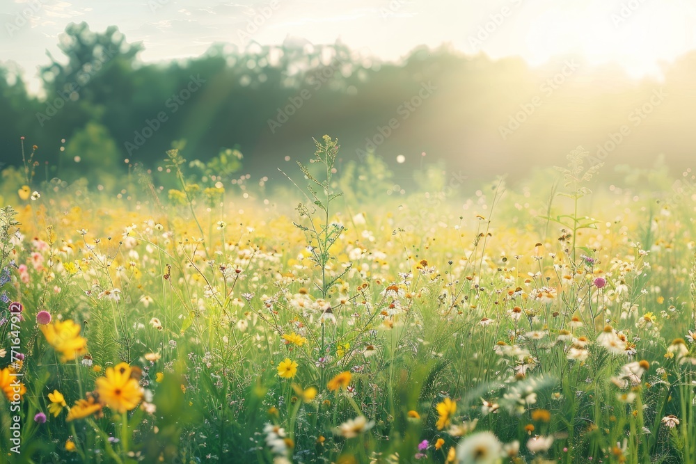 A panoramic shot of a meadow filled with wildflowers, with the sun shining through the trees