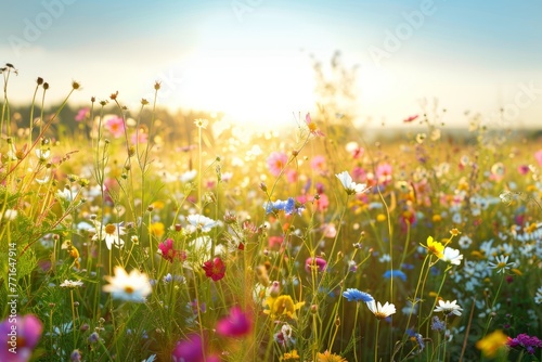 A panoramic shot featuring a sunlit meadow filled with a variety of wildflowers, with the sun shining in the background © Ilia Nesolenyi