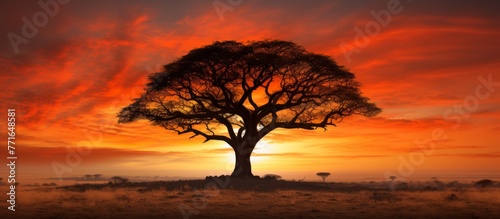 A tree stands as a silhouette against the setting sun in a vast plain, with clouds and a red afterglow painting the sky in shades of red and orange