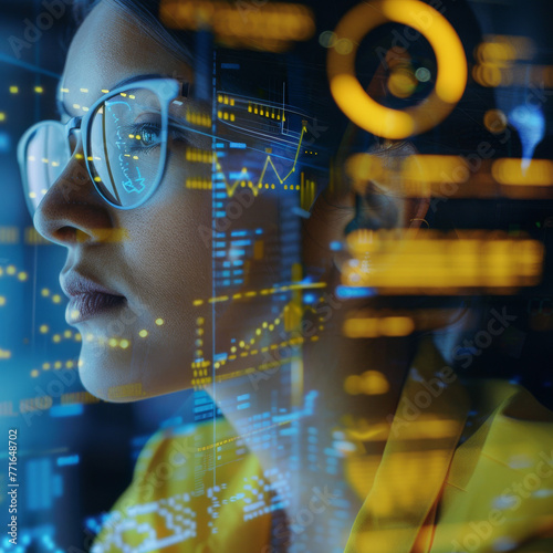 Woman with glasses on in the digital world, close up