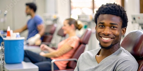 Young black man, african and friendly smile Donating blood on june 14 World Blood Donor Day at hospital, Healthcare and charity, Helping people, Good conscience, copy space