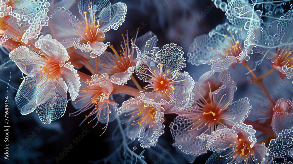 ethereal sakura branch with translucent petals resembling sea anemones in a mystical undersea illusion