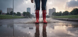 Feet of a person wearing red rubber boots, walking through rainwater and puddles in bad weather - ai generated